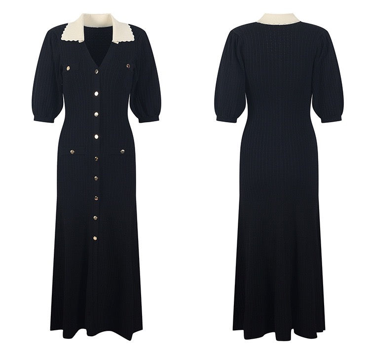 Xynae Collared Midi Dress in Knit- Black