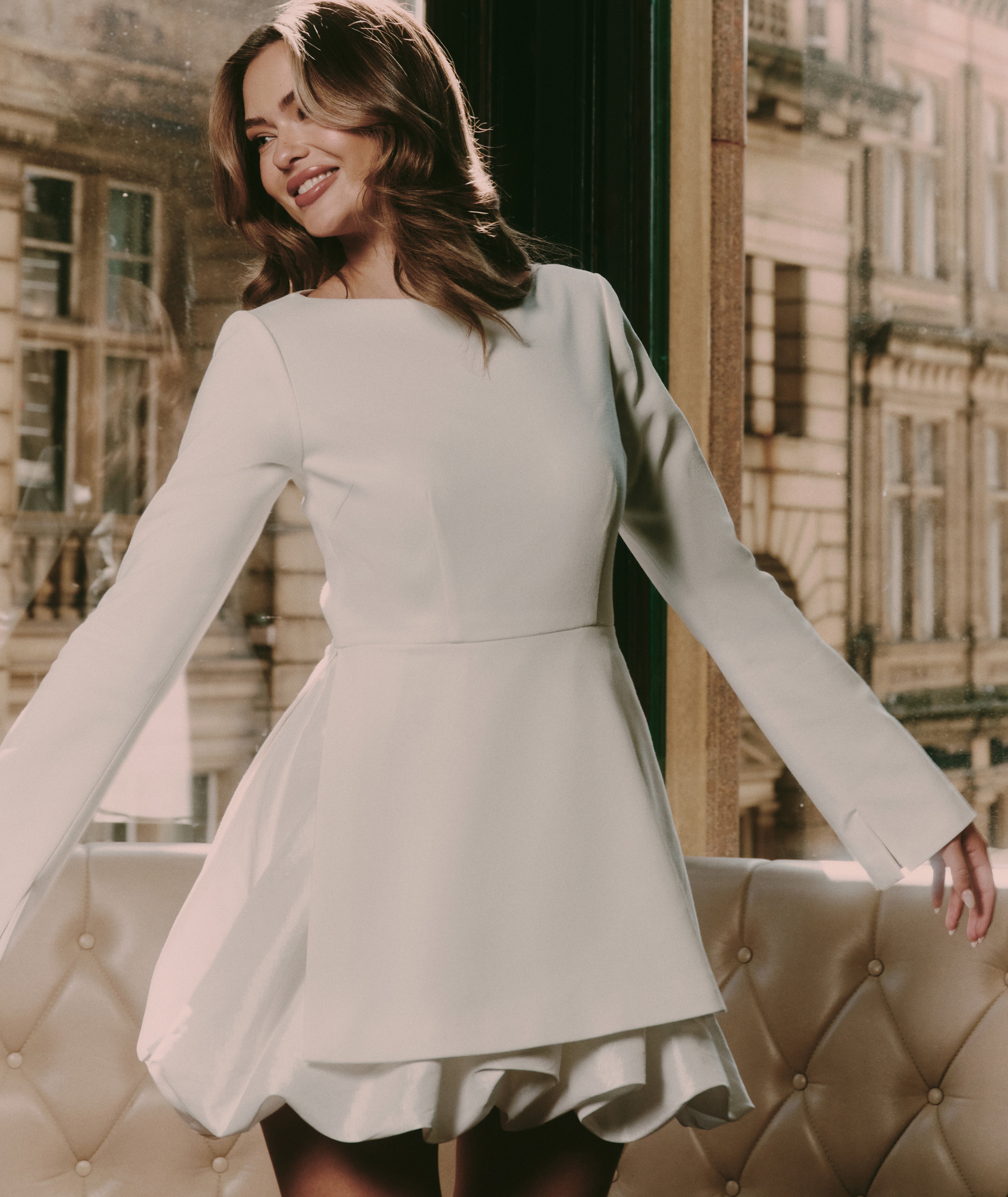Split Sleeve Bubble Hem Mini Dress - White
