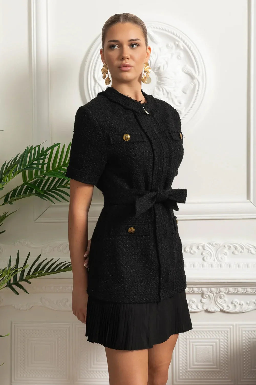 Bouclé Mini Dress With Belted Waist And Pleated Hem - Black