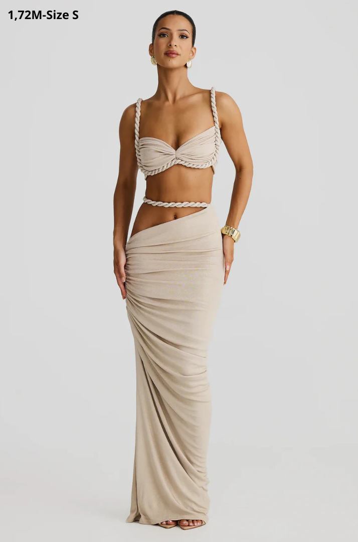 Xynae Beige Rope-Detail Maxi Dress for Women – Elegant Knotted Top & High-Slit Skirt