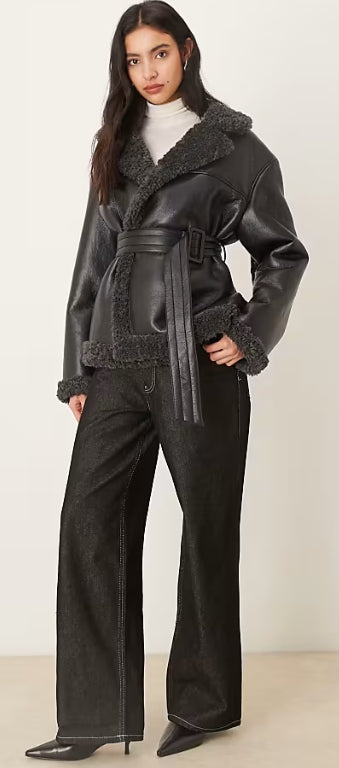 Xynae Faux Shearling Belted Aviator Jacket