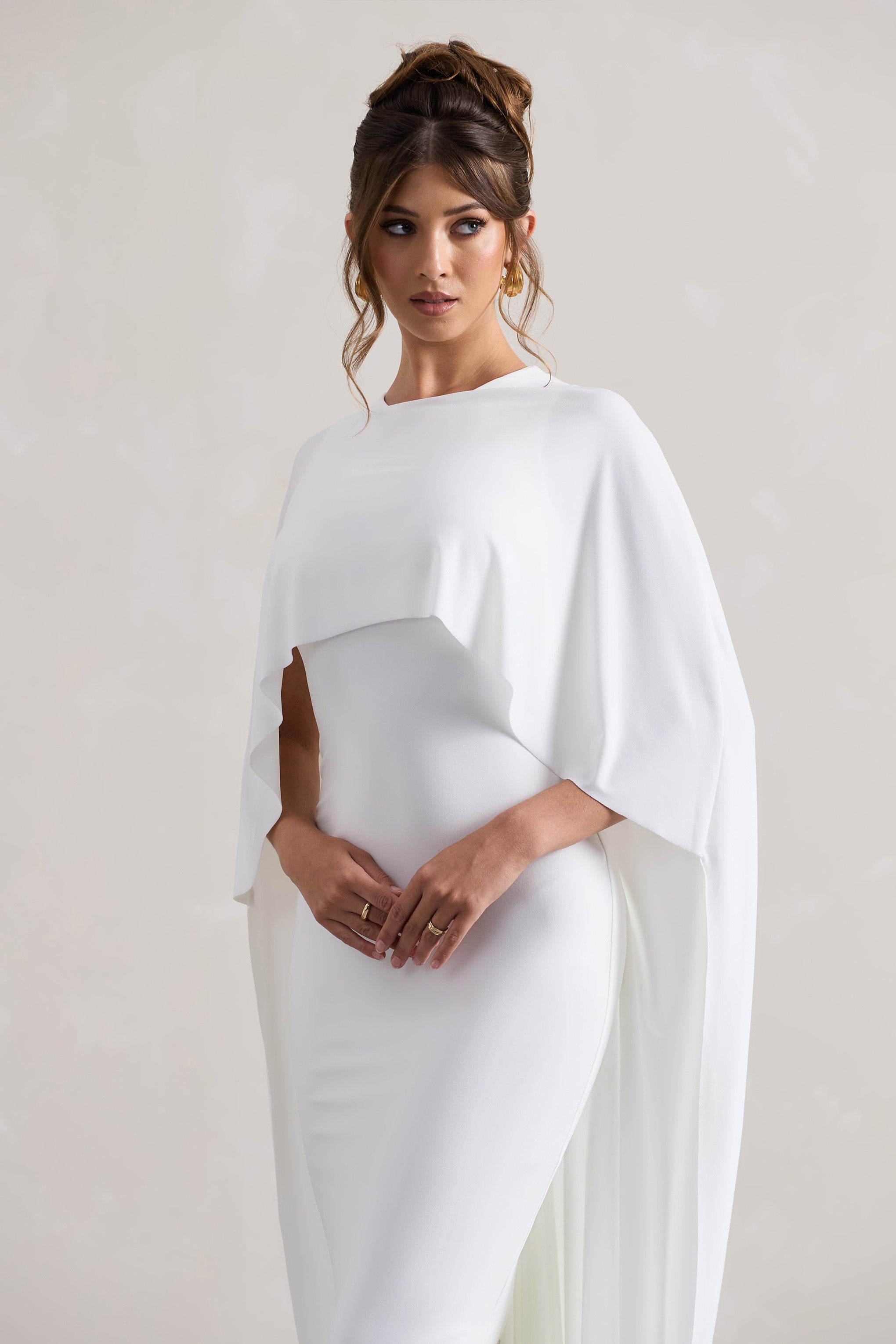 Xynae White Draped Maxi Dress With Cape Sleeves
