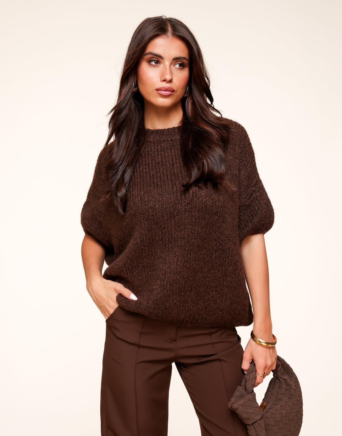 Brown Knitted Wool Sweater – 3/4 Sleeves