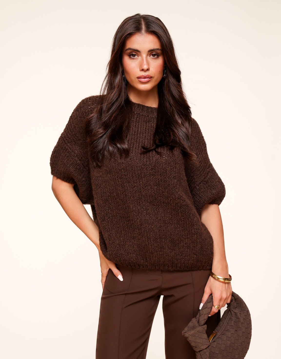 Brown Knitted Wool Sweater – 3/4 Sleeves
