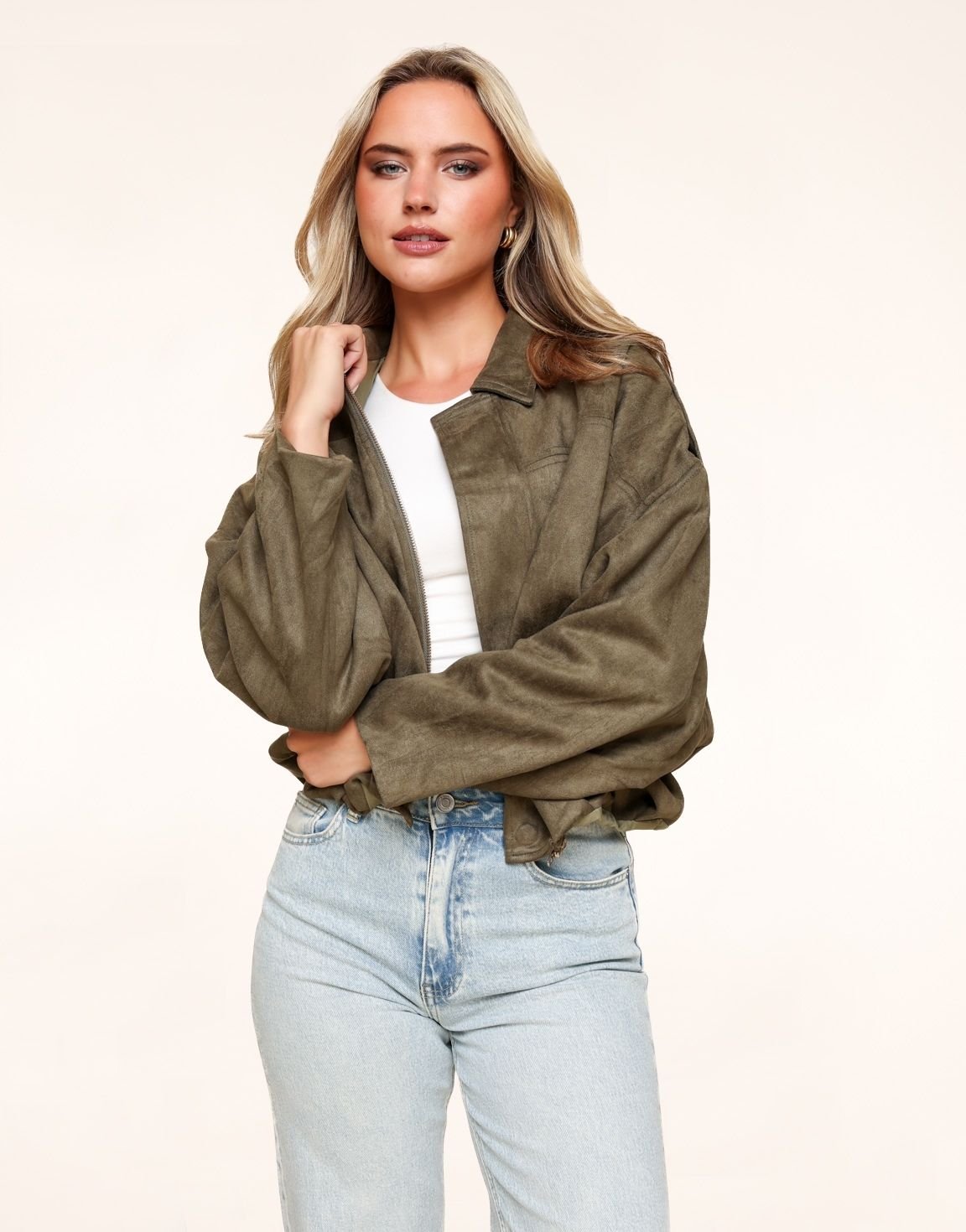 Khaki Suede Oversized Bomber Jacket