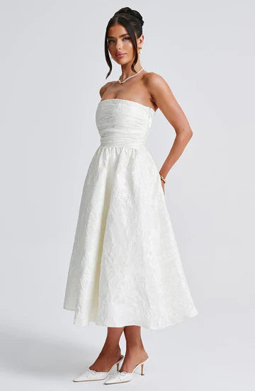 Xynae Strapless Jacquard Midi Dress