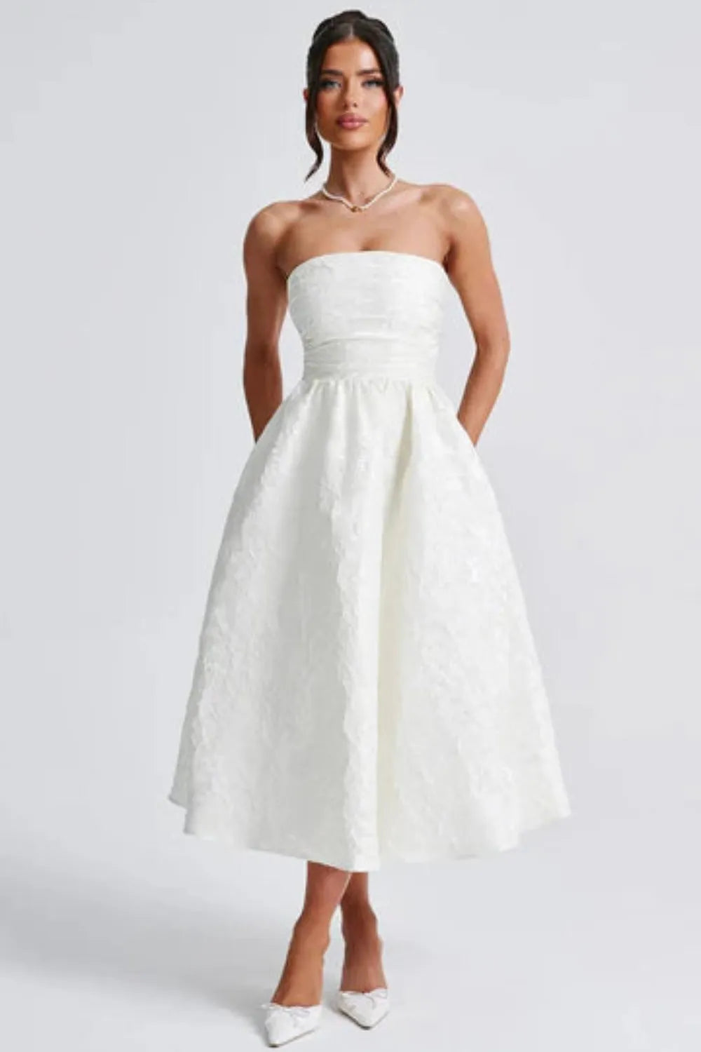 Xynae Strapless Jacquard Midi Dress