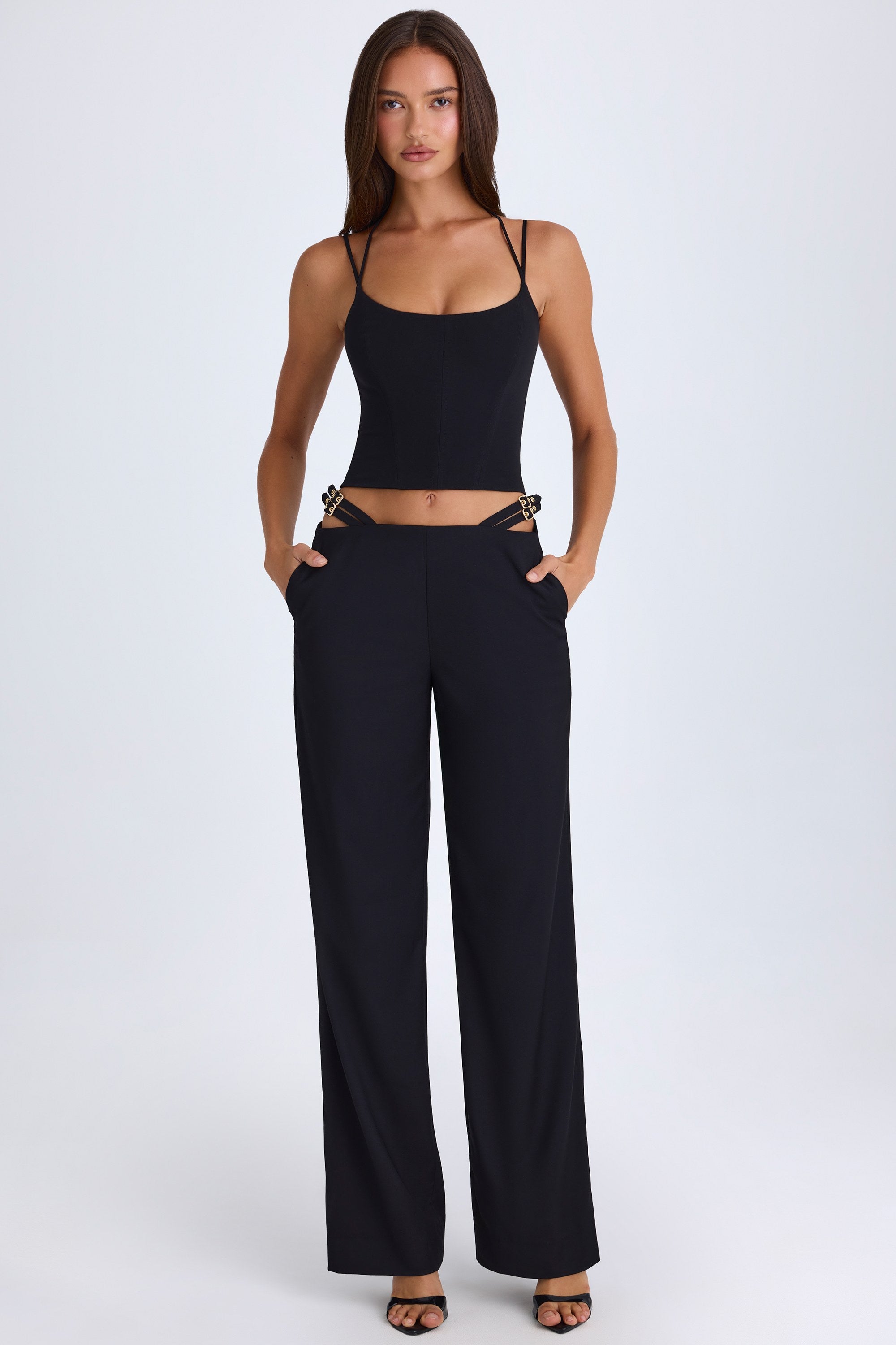 Xynae Belted Cut-Out Wide-Leg Trousers in Black