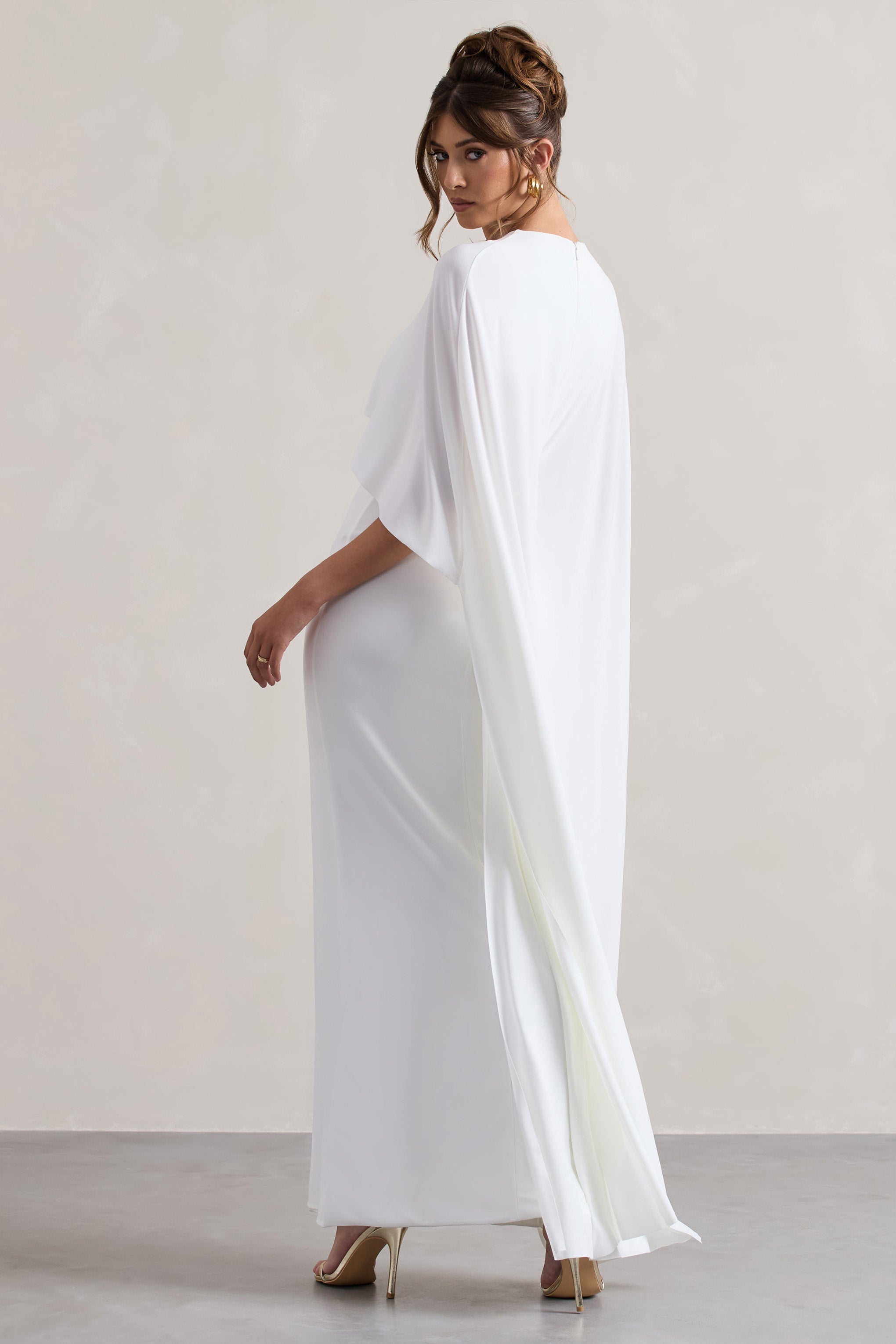 Xynae White Draped Maxi Dress With Cape Sleeves
