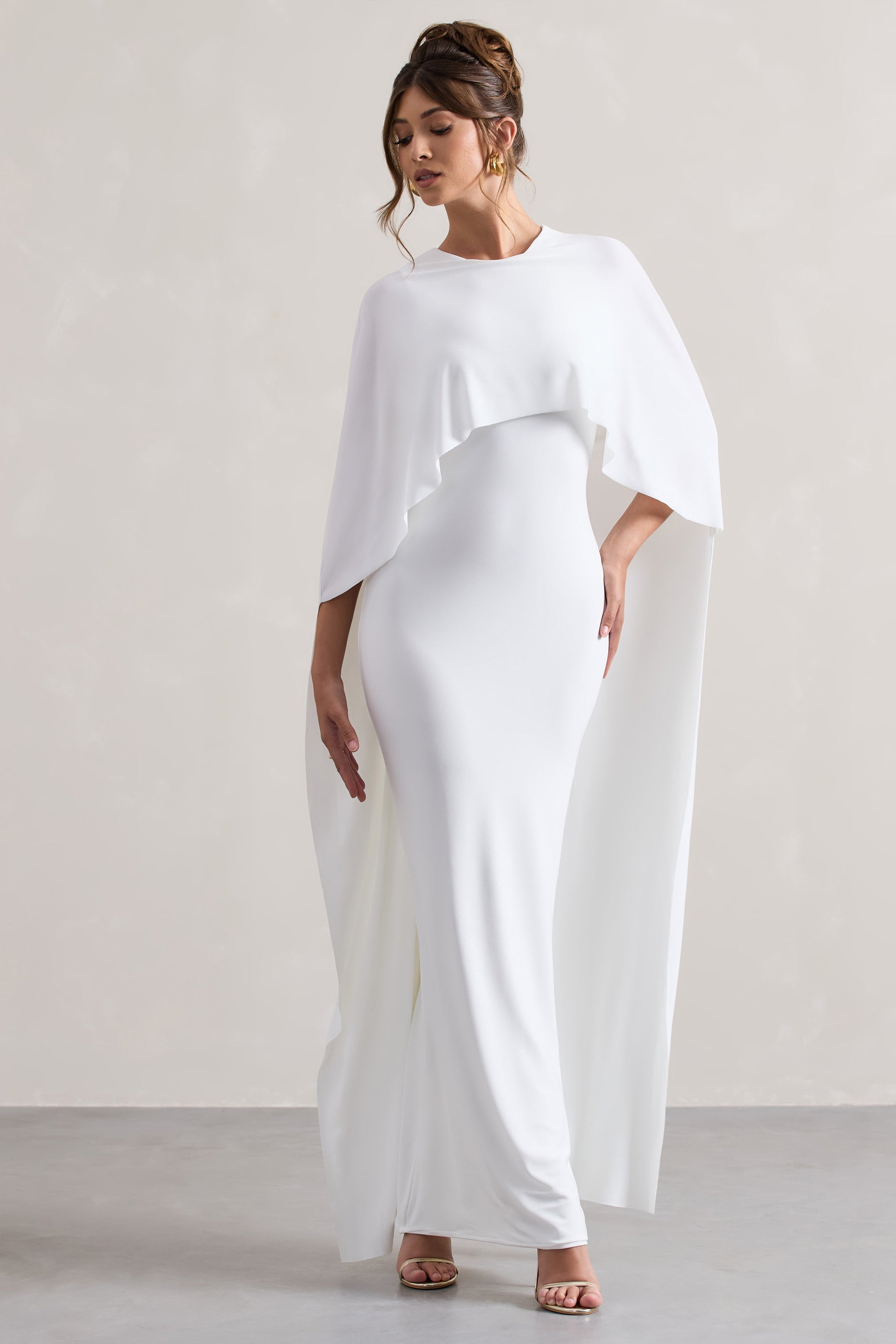 Xynae White Draped Maxi Dress With Cape Sleeves