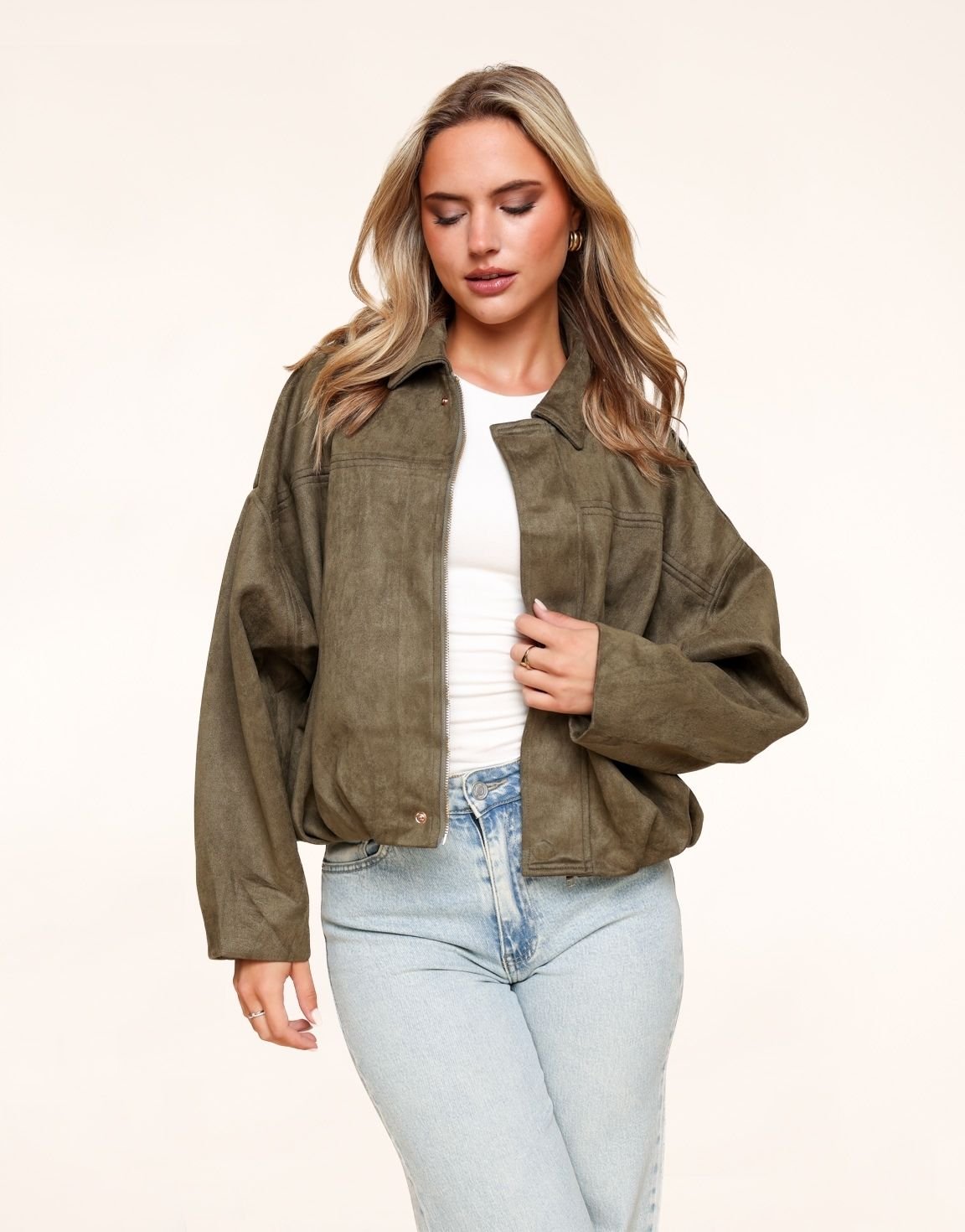 Khaki Suede Oversized Bomber Jacket