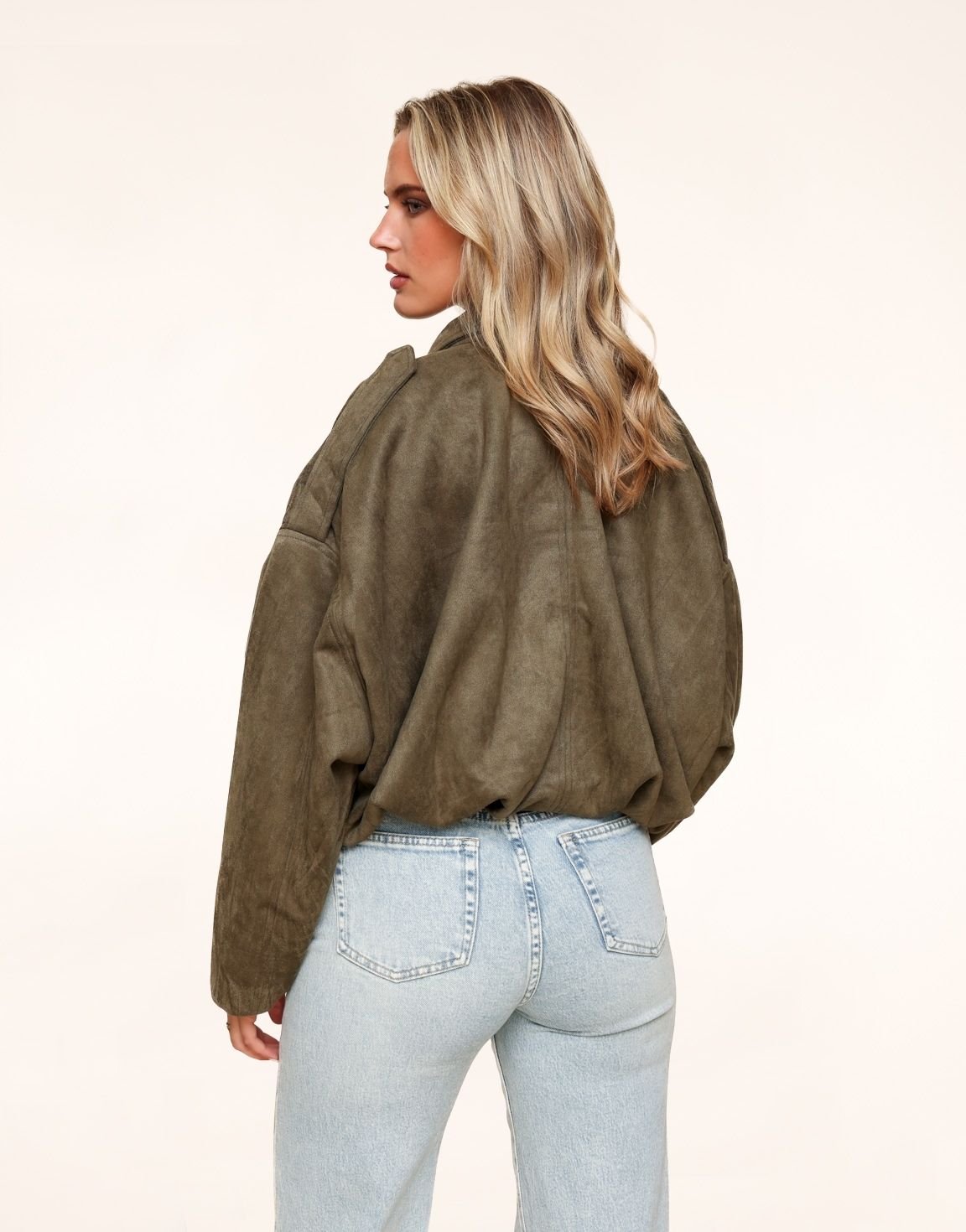 Khaki Suede Oversized Bomber Jacket