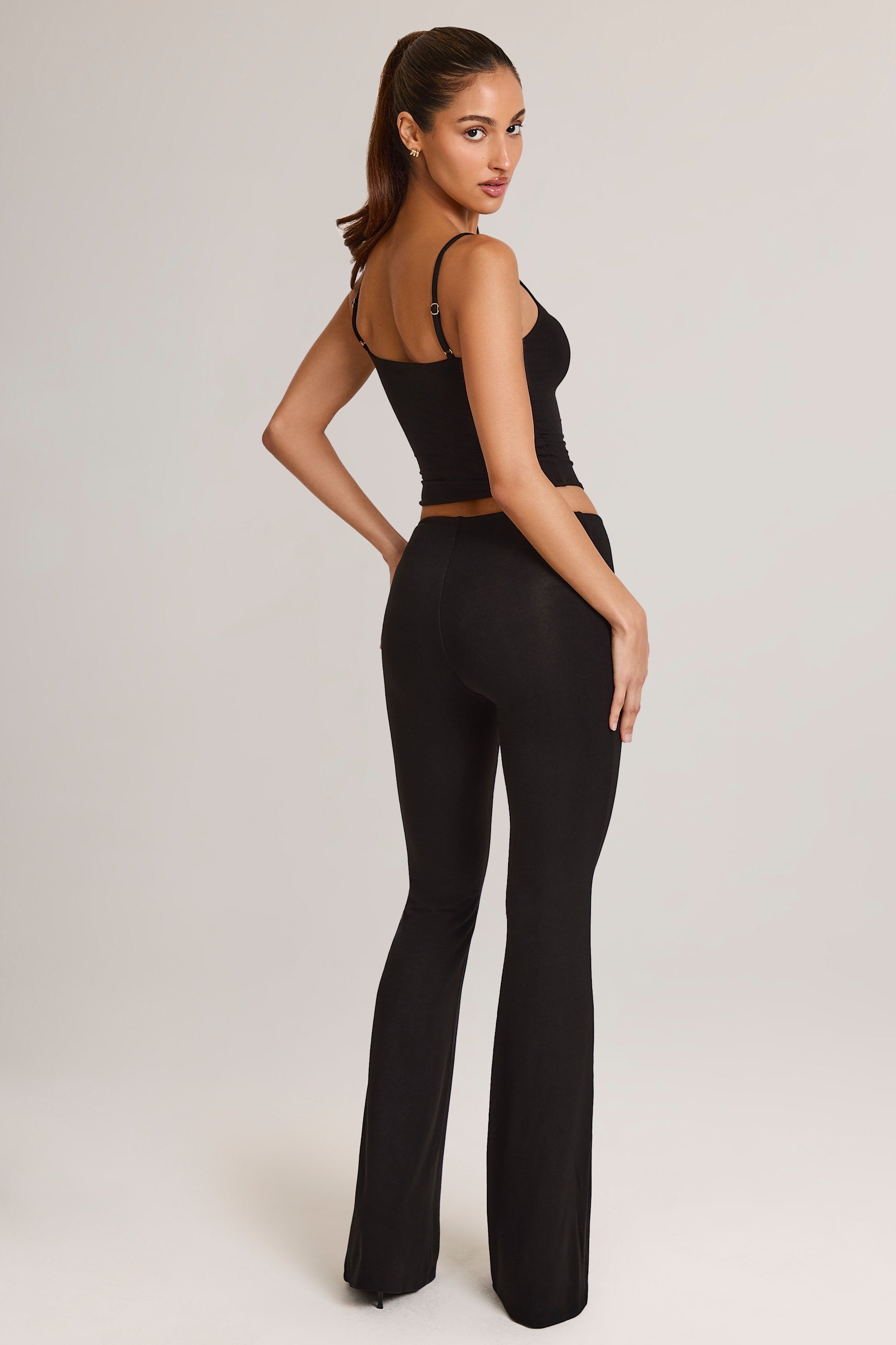 Xynae Modal Mid-Rise Flared Trousers in Black
