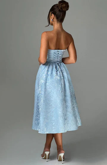 Xynae Strapless Jacquard Midi Dress