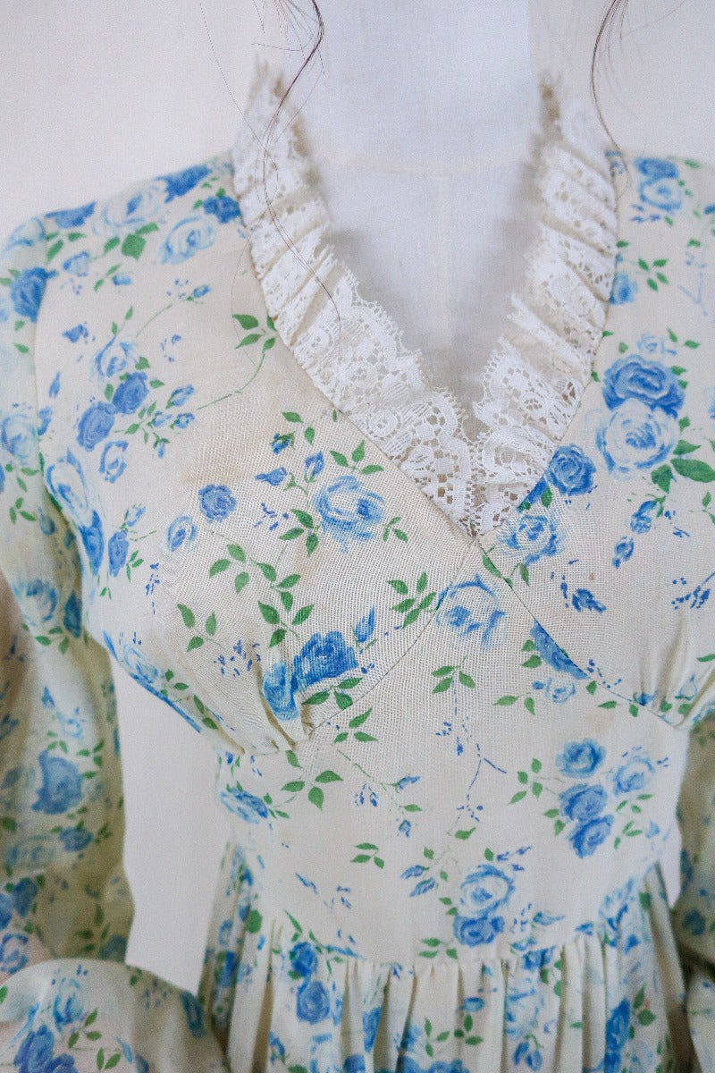 Xynae Vintage Floral Blue Boho Gown – Retro 70s Floral Dress with Lace Detail