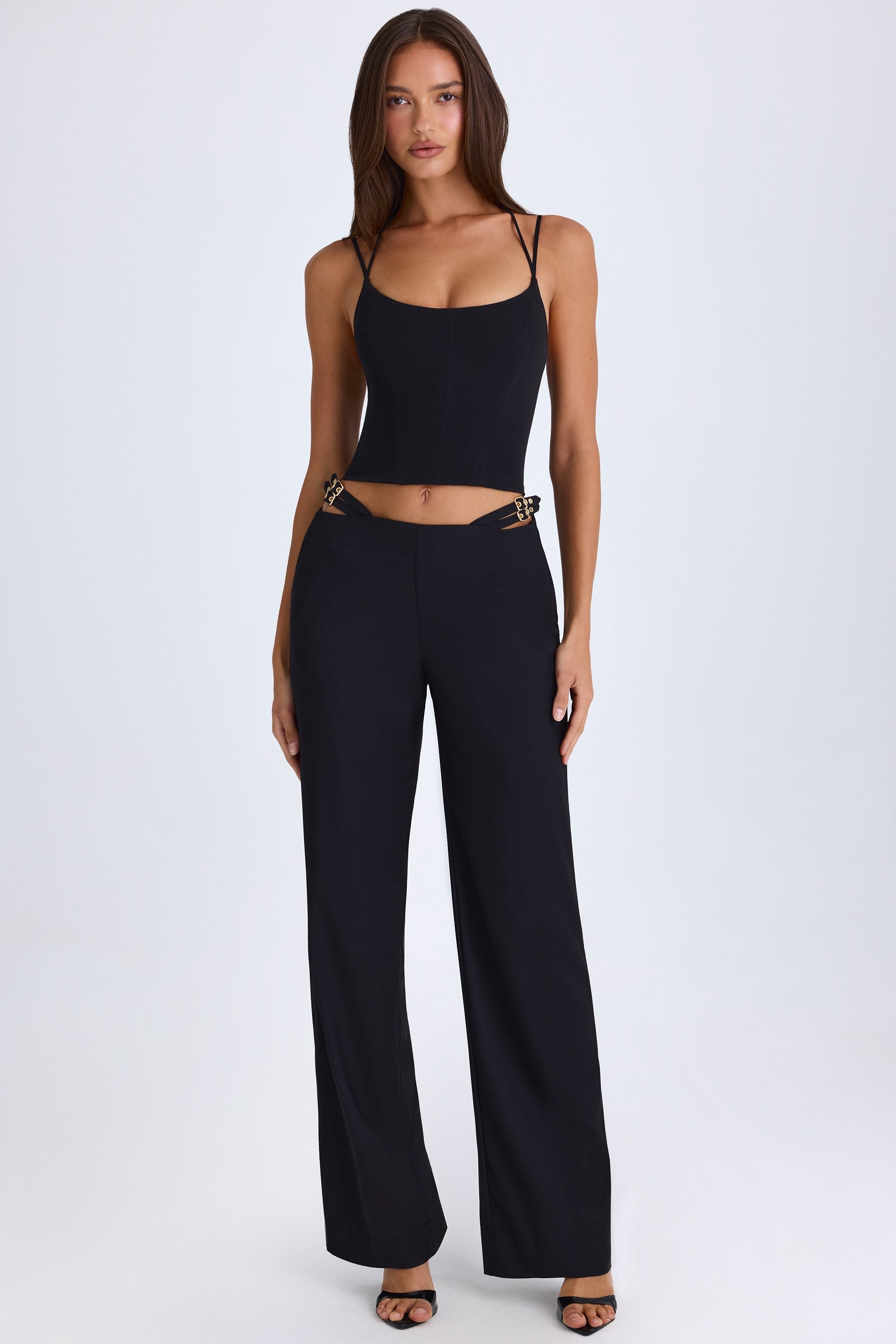Xynae Belted Cut-Out Wide-Leg Trousers in Black