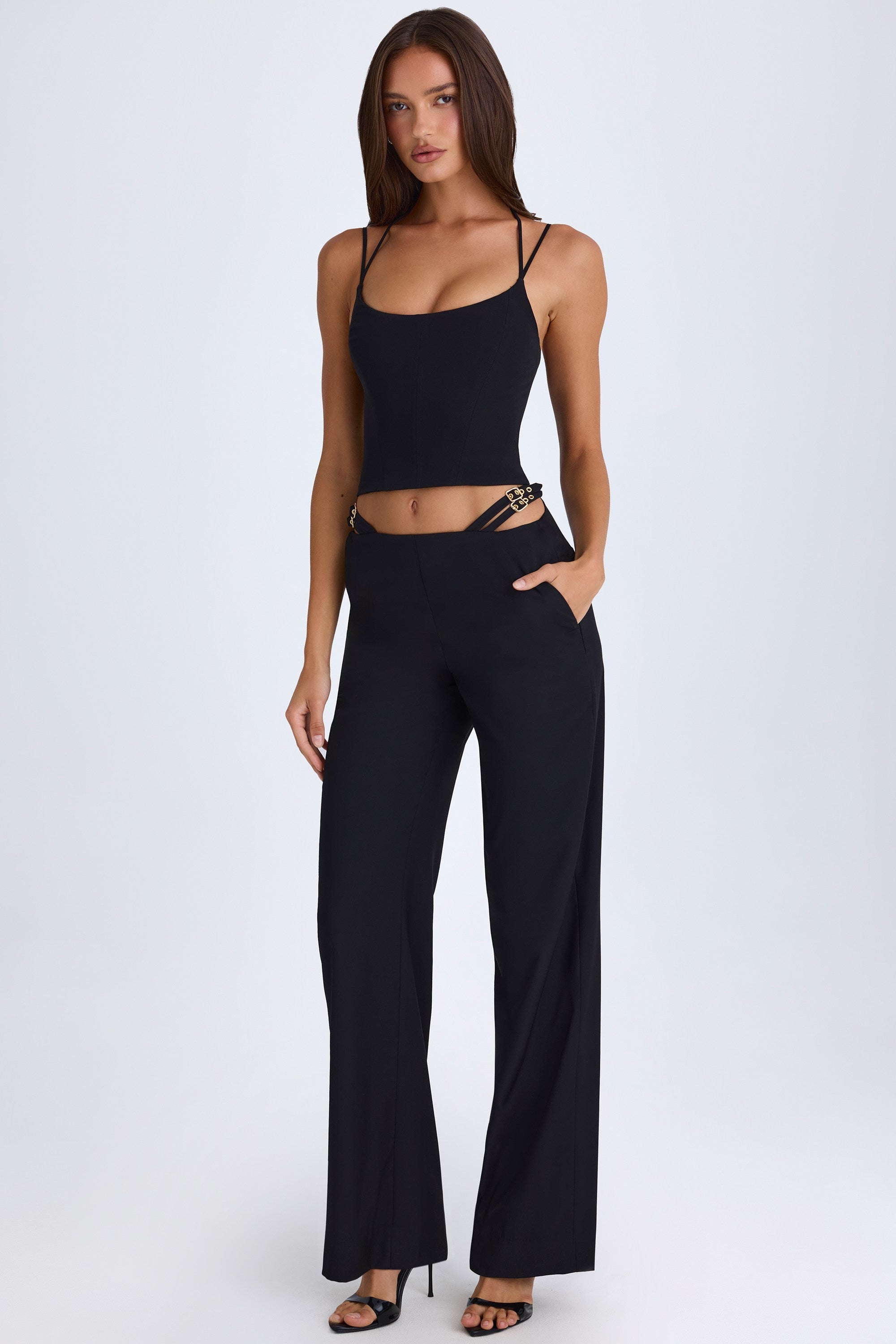 Xynae Belted Cut-Out Wide-Leg Trousers in Black