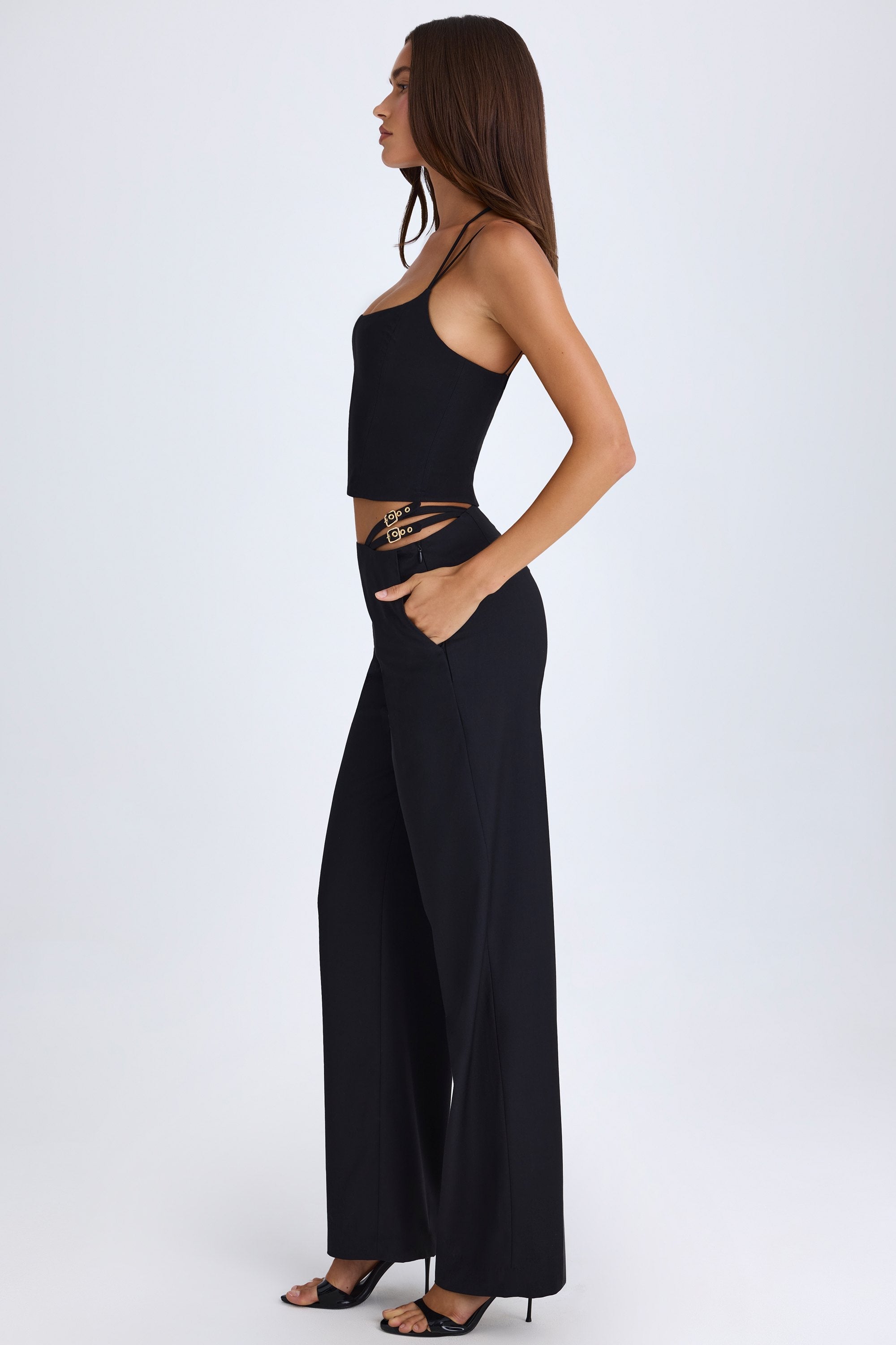 Xynae Belted Cut-Out Wide-Leg Trousers in Black