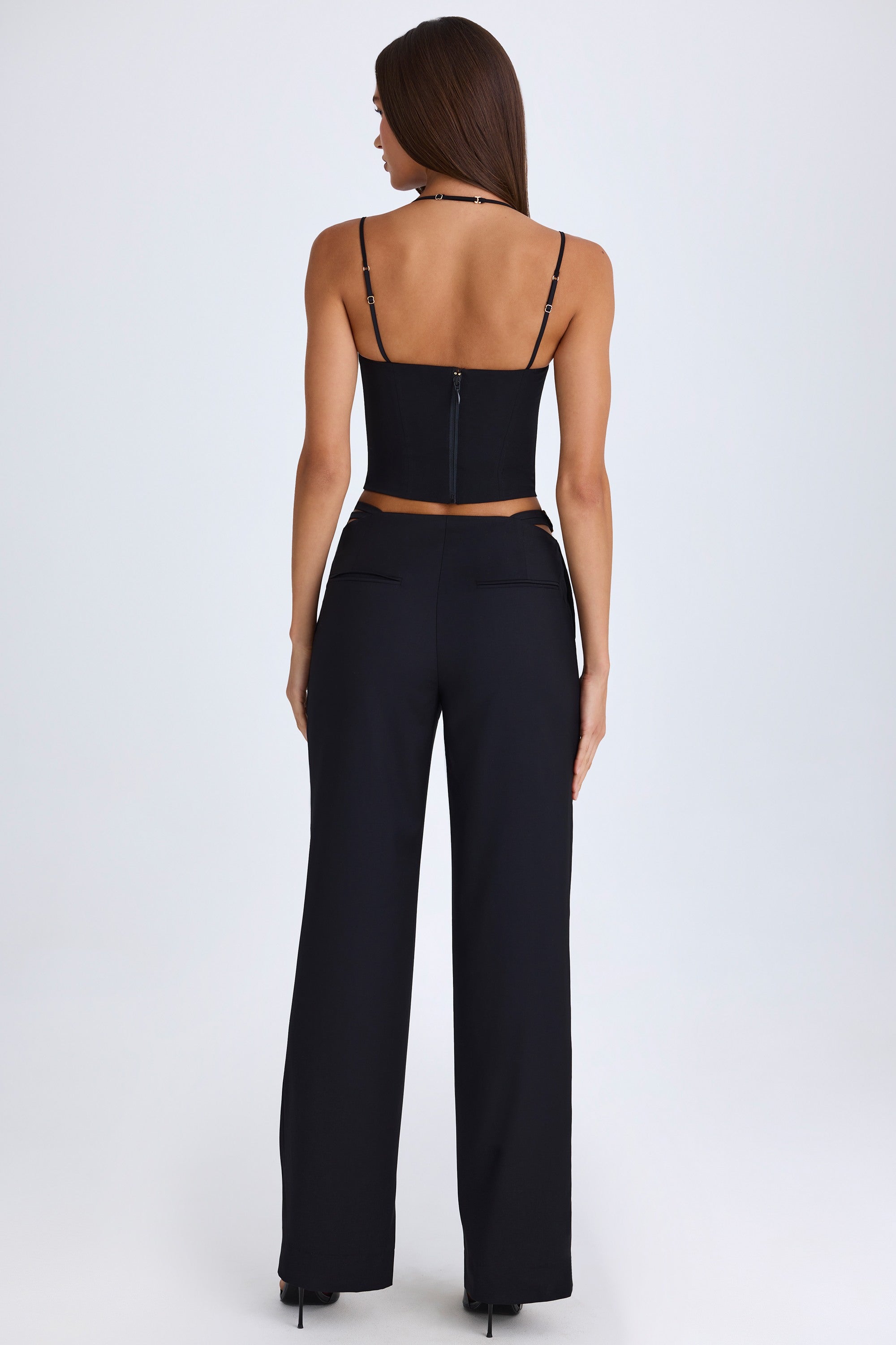 Xynae Belted Cut-Out Wide-Leg Trousers in Black